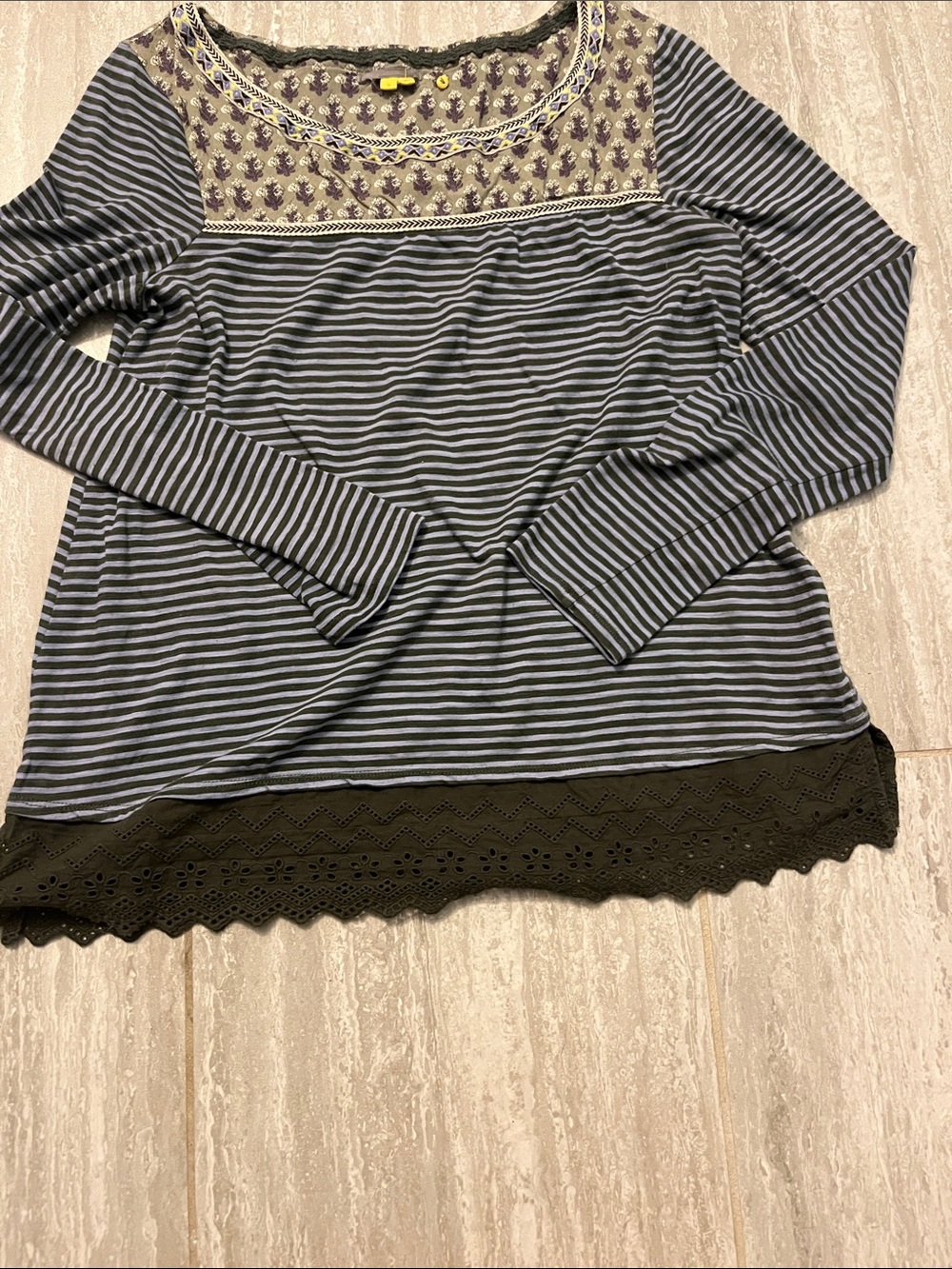 Anthropologie Green and Light Blue Striped Long-Sleeve Tee with Olive Lace Hem - Picture 6 of 9